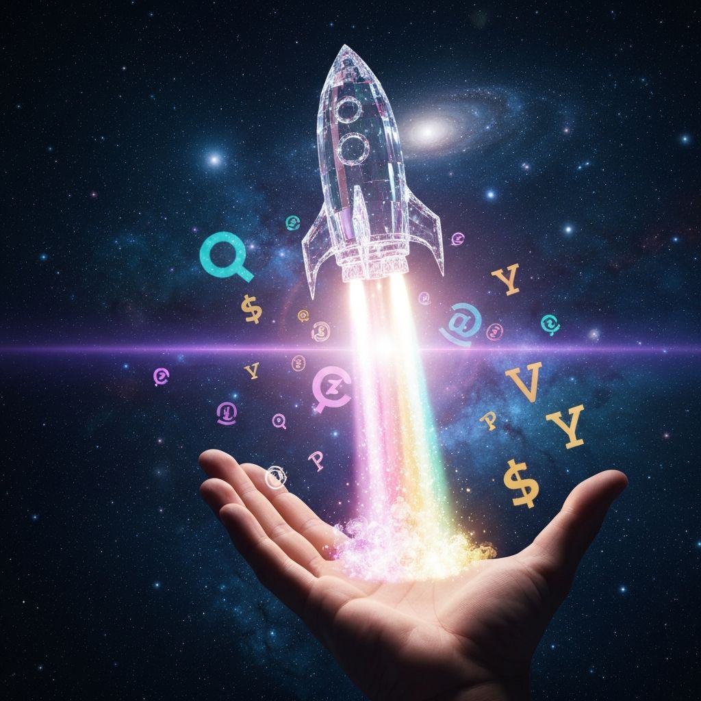 A crystal rocket launching from an open palm into a cosmos of knowledge